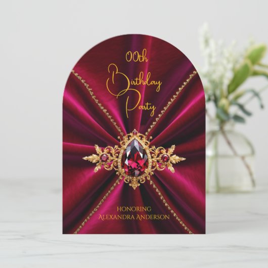 ブルゴーニュエレガントー誕生日金ゴールドジュエルフェイクベルベット 招待状 (スタンド正面)
