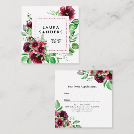 ブルゴーニュエレガントー赤フラワーメイクアップアーティスト・ビジネス 予約カード (正面/裏面)