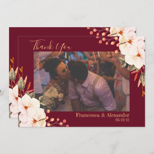 ブルゴーニュエレガントー赤面オレンジフローラ サンキューカード (正面/裏面)