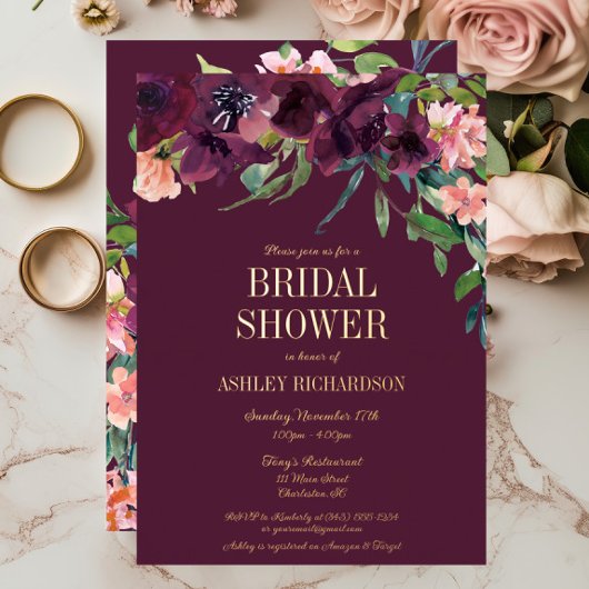 ブルゴーニュエレガントー赤面ピンクフローラブライダルシャワー 箔招待状