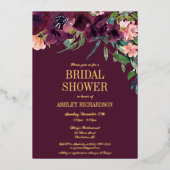 ブルゴーニュエレガントー赤面ピンクフローラブライダルシャワー 箔招待状 (正面)