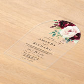 ブルゴーニュエレガントー赤面ピンクフローラ結婚ズ アクリル招待状 (レイダウン)