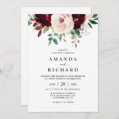 ブルゴーニュエレガントー赤面ピンクフローラ結婚ズ 招待状 (正面/裏面)