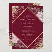 ブルゴーニュエレガントー赤面ピンク金ゴールド結婚フローラ 招待状 (正面/裏面)