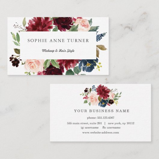 ブルゴーニュエレガントー赤面フローラフレームメイクアップアーティスト 名刺 (正面/裏面)