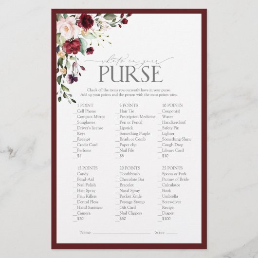 ブルゴーニュエレガントー赤面フローラブライダルシャワーゲーム (正面)