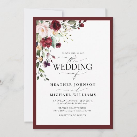 ブルゴーニュエレガントー赤面フローラ水のカラースクリプト 招待状 (正面)