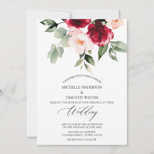 ブルゴーニュエレガントー赤面水彩フローラ 案内状 (正面)