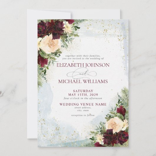 ブルゴーニュエレガントー赤面金ゴールドフローラカントリーウェディング 招待状 (正面)