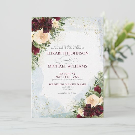 ブルゴーニュエレガントー赤面金ゴールドフローラカントリーウェディング 招待状 (スタンド正面)