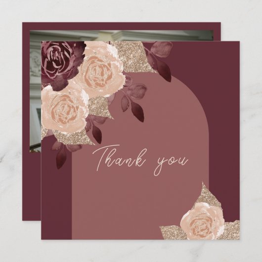 ブルゴーニュエレガントー輝く水の色のバラの結婚 サンキューカード (正面/裏面)