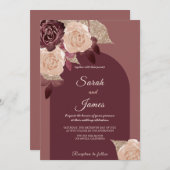 ブルゴーニュエレガントー輝く水の色のバラの結婚 招待状 (正面/裏面)