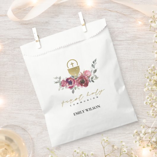 ブルゴーニュエレガントー金ゴールドフローラ初の聖餐式 フェイバーバッグ (クリップ留めされた状態)