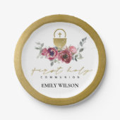 ブルゴーニュエレガントー金ゴールドフローラ初の聖餐式 ペーパープレート (正面)