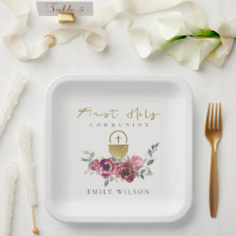 ブルゴーニュエレガントー金ゴールドフローラ初の聖餐式 ペーパープレート