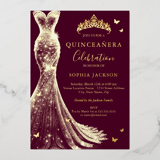 ブルゴーニュエレガントー金ゴールド蝶キンセアニェラ 箔招待状 (正面)