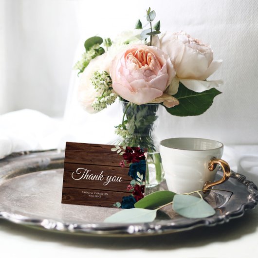 ブルゴーニュエレガントー&ネイビーブルーフラワーサンキューカード サンキューカード