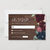 ブルゴーニュエレガントー&ネイビーブルーフラワーズウッドズ結婚ーズ 出欠カード (正面)