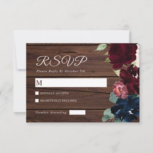 ブルゴーニュエレガントー&ネイビーブルーフラワーズウッドズ結婚ーズ 出欠カード (正面)