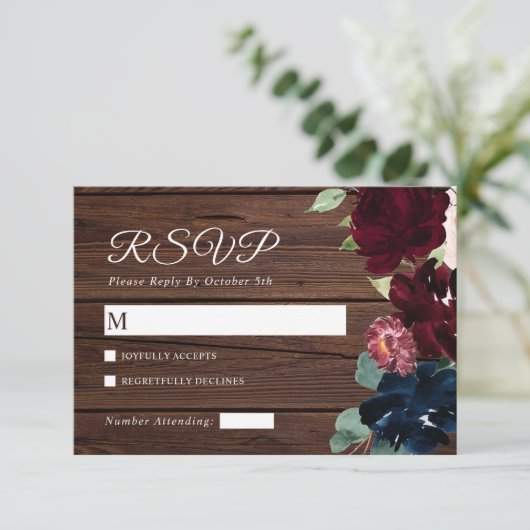 ブルゴーニュエレガントー&ネイビーブルーフラワーズウッドズ結婚ーズ 出欠カード (スタンド正面)