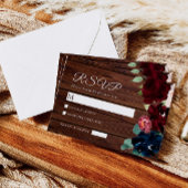 ブルゴーニュエレガントー&ネイビーブルーフラワーズウッドズ結婚ーズ 出欠カード