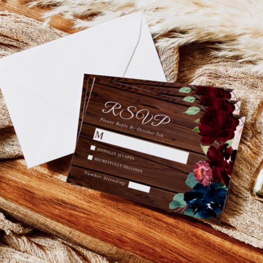 ブルゴーニュエレガントー&ネイビーブルーフラワーズウッドズ結婚ーズ 出欠カード