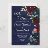 ブルゴーニュエレガントー&ネイビーブルーフラワーズウッドズ結婚ーズ 招待状 (正面)