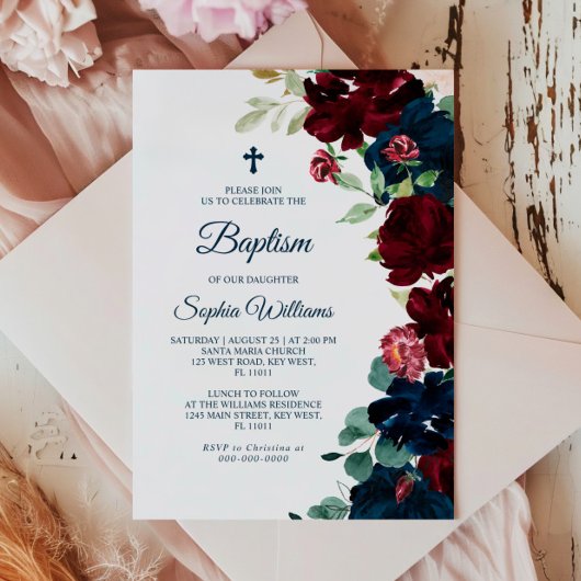 ブルゴーニュエレガントー&ネイビーブルーフラワーバプテスマ 招待状