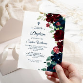 ブルゴーニュエレガントー&ネイビーブルーフラワーバプテスマ 招待状