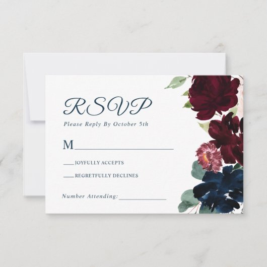 ブルゴーニュエレガントー&ネイビーブルー結婚花 出欠カード (正面)