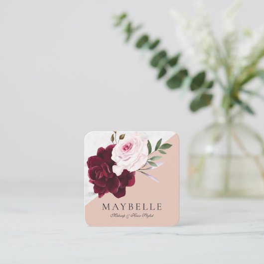 ブルゴーニュエレガントー&ホワイトマーブルウォーターのカラーフローラ スクエア名刺 (スタンド正面)