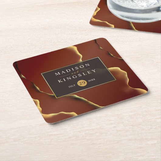 🤵ブルゴーニュエレガント金ゴールドイン抽象芸術結婚ズ スクエアペーパーコースター (アングル)