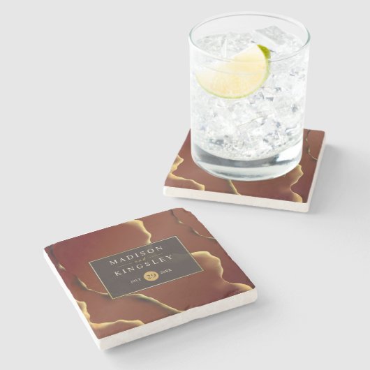 🤵ブルゴーニュエレガント金ゴールドイン抽象芸術結婚ズ ストーンコースター (横)