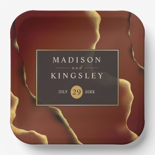 🤵ブルゴーニュエレガント金ゴールドイン抽象芸術結婚ズ ペーパープレート (正面)