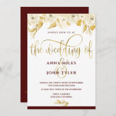 ブルゴーニュエレガント金ゴールドタイポグラフィ金ゴールドホワイトローズ 招待状 (正面/裏面)