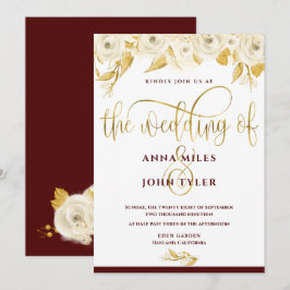 ブルゴーニュエレガント金ゴールドタイポグラフィ金ゴールドホワイトローズ 招待状