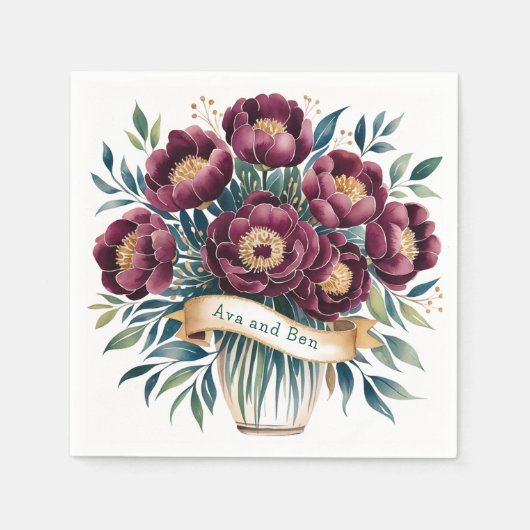 ブルゴーニュエレガント&エメラルド牡丹と金ゴールドアクセント スタンダードカクテルナプキン (正面)