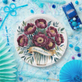 ブルゴーニュエレガント&エメラルド牡丹と金ゴールドアクセント ペーパープレート (パーティー)