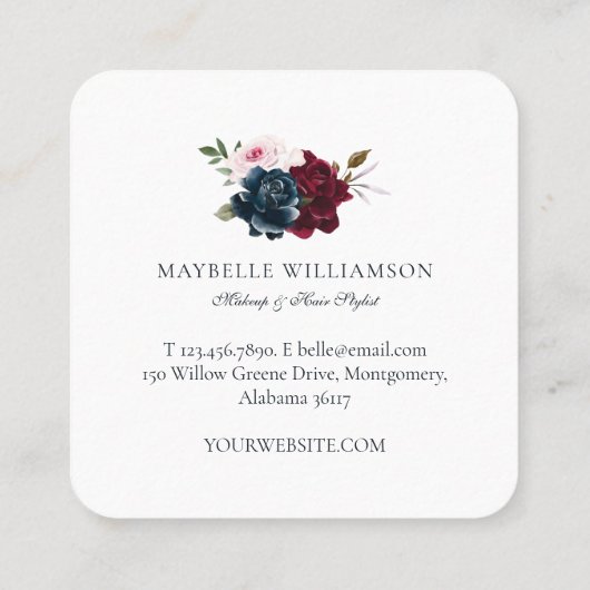 ブルゴーニュエレガント&大理石ウォーターカラーフローラネイビー スクエア名刺 (裏面)