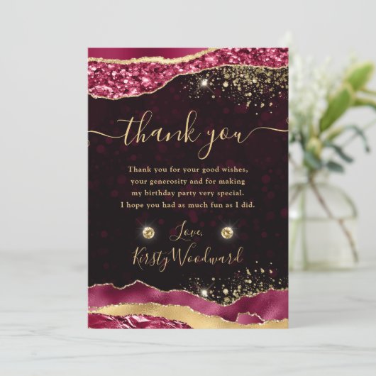 ブルゴーニュエレガント&金ゴールドグラムティアーズエッジ誕生日 サンキューカード (スタンド正面)