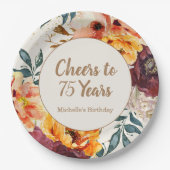ブルゴーニュオレンジの花とゴールドの装飾で75周年を祝う ペーパープレート (正面)