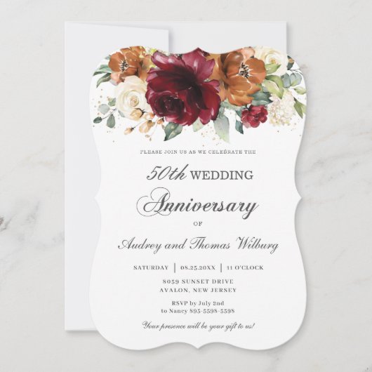ブルゴーニュオレンジアイボリー結婚フローラ記念日 招待状 (正面)