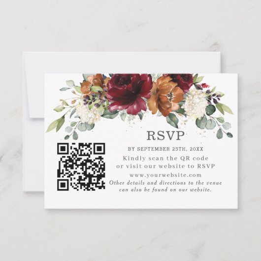 ブルゴーニュオレンジサビ色の花の結婚式RSVP QRコード 出欠カード (正面)