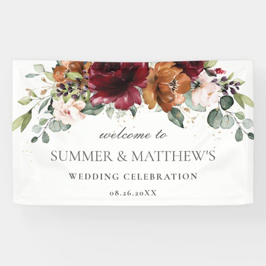 ブルゴーニュオレンジピンクアイボリーフローラ結婚の背景 横断幕 (横)