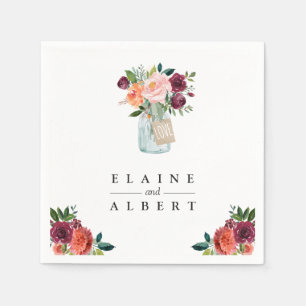 ブルゴーニュオレンジフラワーズメイソンジャー結婚ズ紙 スタンダードカクテルナプキン