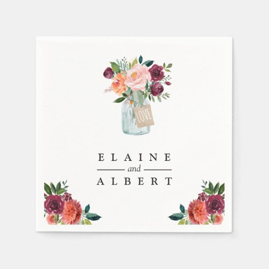 ブルゴーニュオレンジフラワーズメイソンジャー結婚ズ紙 スタンダードカクテルナプキン (正面)