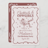 ブルゴーニュカクテルと女性のカーボーイナッシュ誕生日 招待状 (正面/裏面)