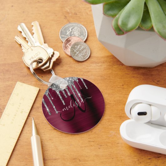 ブルゴーニュガーリーーシルバー滴下グリッターメタリック キーホルダー (デスク)