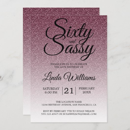 ブルゴーニュグラデーショングリッター60とサッシー60誕生日 招待状 (正面/裏面)