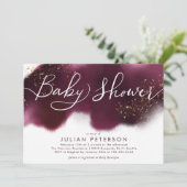 ブルゴーニュグラデーションーベビーシャワー金ゴールドグリッタータイポグラフィ 招待状 (スタンド正面)